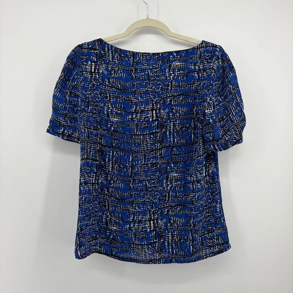 Banana Republic Womens Small‎ Petite Blue Abstract Grid Short Sleeve Blouse Top